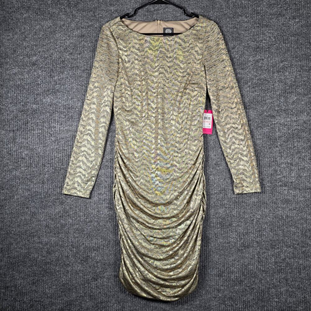 Vince Camuto NWT Gold Metallic Ruched Bodycon Cocktail Dress Size 10
